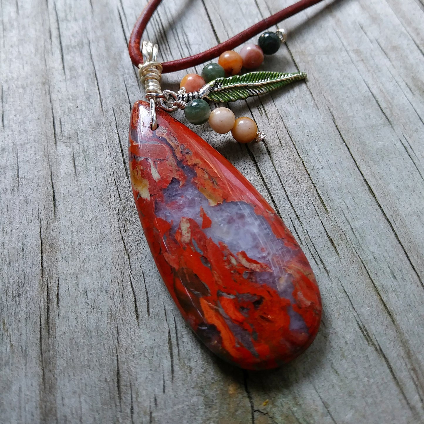 Jasper Feathers Natural Stone Pendant with Custom Cord Necklace