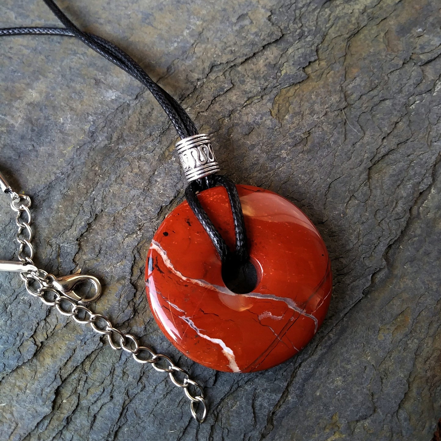 40mm White Lace Red Jasper Stone Donut on black waxed cotton cord