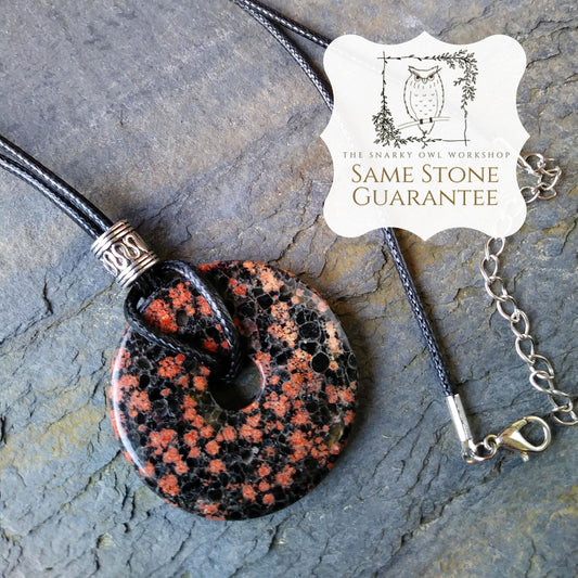 40mm Red Snowflake Jasper Stone Donut on black waxed cotton cord